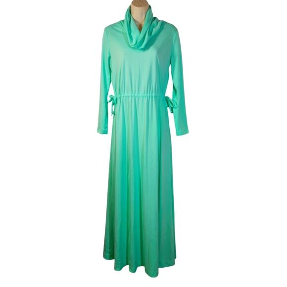 Vintage 70s Dress Disco Mod Long Sleeve Empire Waist Maxi Flowy Mint Green L - Picture 1 of 16